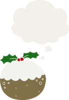 cartoon christmas pudding with thought bubble in retro style png