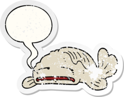 cartone animato triste vecchio pesce con discorso bolla afflitto afflitto vecchio etichetta png
