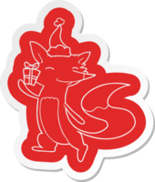 quirky cartoon  sticker of a happy fox wearing santa hat png