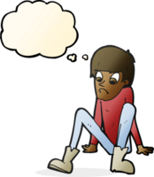 cartone animato ragazzo seduta su pavimento con pensato bolla png