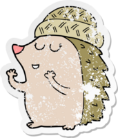 distressed sticker of a cartoon hedgehog wearing hat png