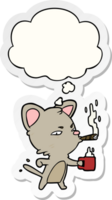 dessin animé chat avec café et cigare avec pensée bulle comme une imprimé autocollant png