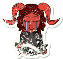 grunge sticker van een huilen tiefling met natuurlijk een d20 Dobbelsteen rollen png