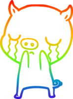 rainbow gradient line drawing of a cartoon pig crying png