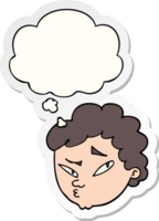 cartoon suspicious man with thought bubble as a printed sticker png