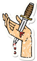 bedrövad klistermärke tatuering i traditionell stil av en dolk i de hand png
