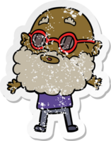 distressed sticker of a cartoon curious man with beard and sunglasses png