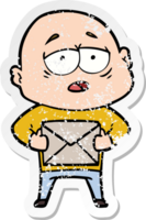 distressed sticker of a cartoon tired bald man png