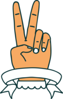 Retro Tattoo Style peace two finger hand gesture with banner png