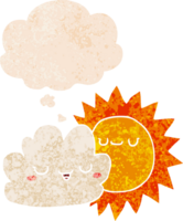 cartoon sun and cloud with thought bubble in grunge distressed retro textured style png