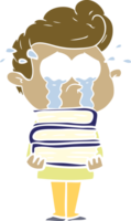 flat color style cartoon crying student with stack of books png