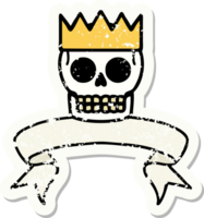 worn old sticker with banner of a skull and crown png