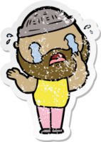 distressed sticker of a cartoon bearded man crying png