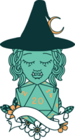 Retro Tattoo Style half orc witch character with natural twenty dice roll png