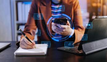 Woman hands using chatbot in computer and tablet smart intelligence Ai.Chat with AI Artificial Intelligence, developed by OpenAI generate. photo