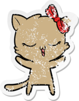distressed sticker of a cartoon cat with bow on head png