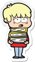 sticker of a cartoon exhausted boy holding book png