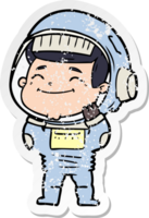 distressed sticker of a happy cartoon astronaut png