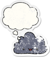 happy cartoon cloud with thought bubble as a distressed worn sticker png