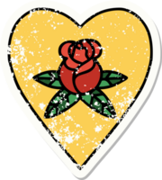 verontrust sticker tatoeëren in traditioneel stijl van een hart en bloemen png