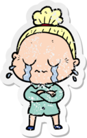 distressed sticker of a cartoon crying old lady png