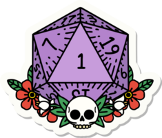 sticker of a natural one dice roll with floral elements png