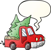 cartoon pickup truck carrying christmas trees with speech bubble in smooth gradient style png