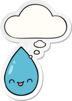 cartone animato carino goccia di pioggia con pensato bolla come un' stampato etichetta png