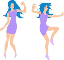 illustration A girl with long hair in a club dress dances selflessly. purple dress and blue long hair. Two dancing free style poses. Slender figure of young energetic girl in relaxed dance vector