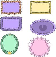 A set of frames of different colors, hand-drawn in the style of torn paper. Square and oval shape with a filled background inside for inserting text. illustration a border for inserting a vector