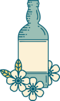 iconic tattoo style image of a rum bottle and flowers png