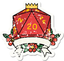 adesivo grunge de uma jogada de dados d20 de 20 acertos críticos naturais png