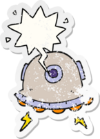 cartoon UFO with speech bubble distressed distressed old sticker png