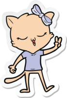 sticker of a cartoon cat with bow on head giving peace sign png