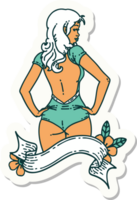 klistermärke av tatuering i traditionell stil av en utvikningsbrud baddräkt flicka med baner png