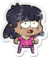 distressed sticker of a cartoon tired woman png