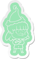 quirky cartoon  sticker of a smiling woman wearing santa hat png