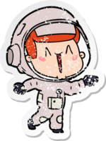 distressed sticker of a happy cartoon astronaut pointing png