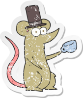 retro distressed sticker of a cartoon mouse with cup and top hat png