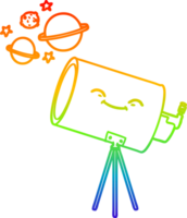 rainbow gradient line drawing of a cartoon telescope with face png