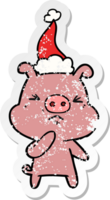 mano disegnato afflitto etichetta cartone animato di un' arrabbiato maiale indossare Santa cappello png