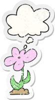 dibujos animados flor con pensamiento burbuja como un afligido desgastado pegatina png