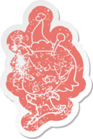 pretty quirky cartoon distressed sticker of a alien girl running wearing santa hat png