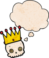 cartoon skull with crown with thought bubble in grunge texture style png