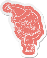 quirky cartoon distressed sticker of a curious boy wearing santa hat png