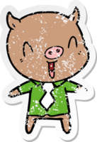 distressed sticker of a happy cartoon pig wearing shirt and tie png