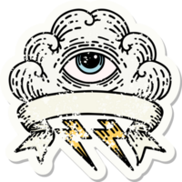 worn old sticker with banner of an all seeing eye cloud png