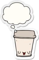 cartoon coffee cup with thought bubble as a printed sticker png