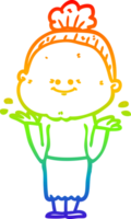 rainbow gradient line drawing of a cartoon happy old woman png