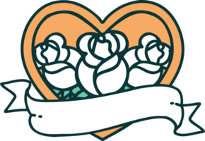 iconic tattoo style image of a heart and banner with flowers png